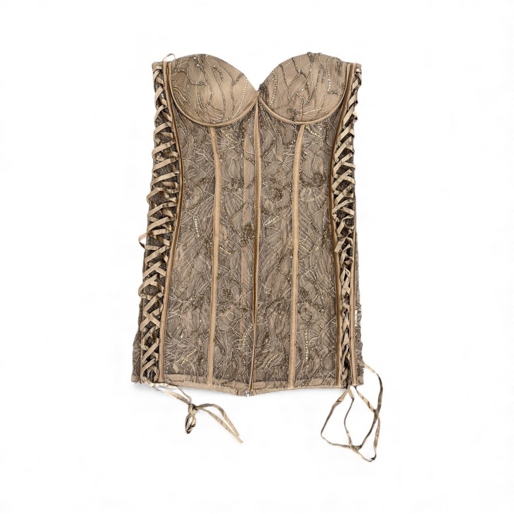 Retrofête Matilda Strapless Lace Corset Mini Dress Tannin Size L - Picture 6 of 10